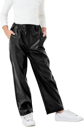 Rolanko Girls Faux Leather Pants Straight Wide Leg Streetwear Trousers with Pockets Kids Pants 4-14 Years