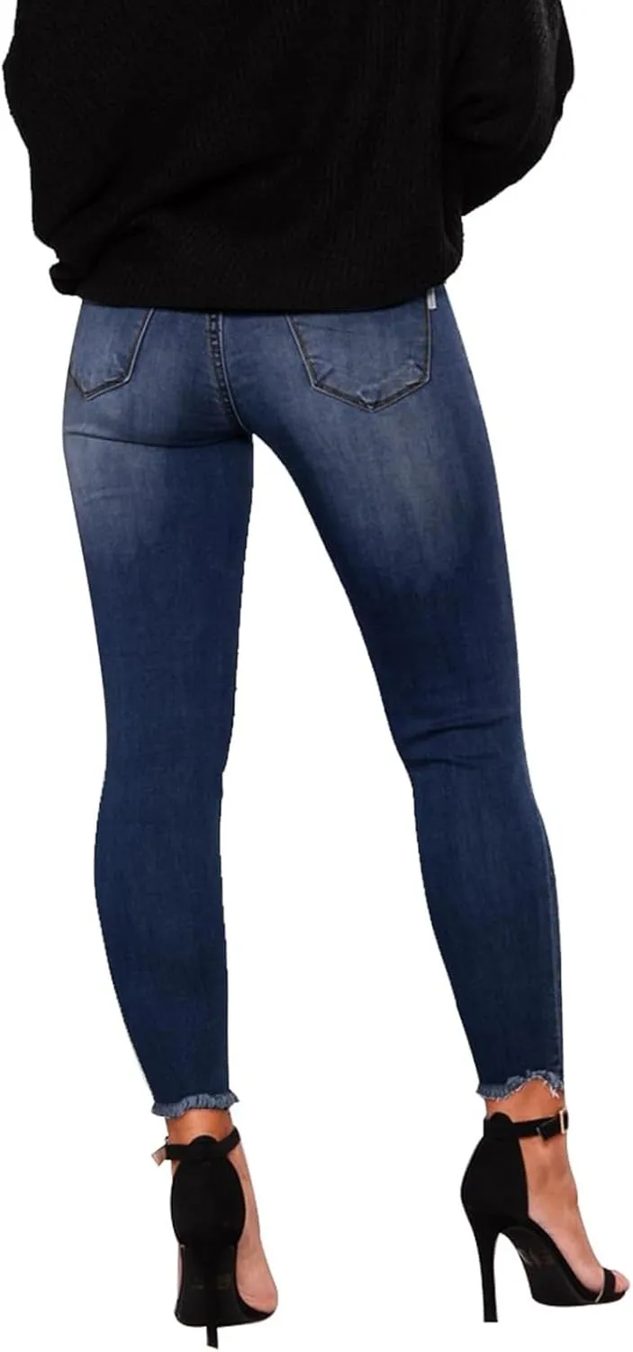 Skinny Jeans for Women Slim Fit Button Elastic Waist Ripped Jeans Business Casual Raw Hem Straight Leg Denim Jeans