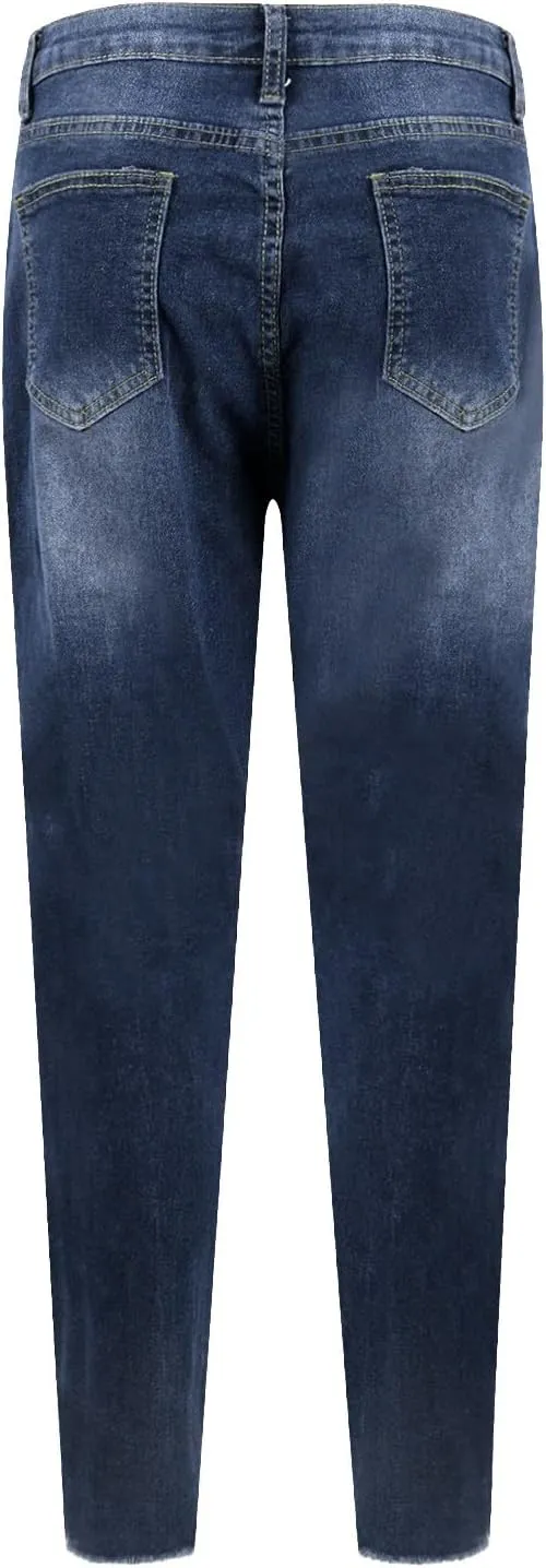 Skinny Jeans for Women Slim Fit Button Elastic Waist Ripped Jeans Business Casual Raw Hem Straight Leg Denim Jeans