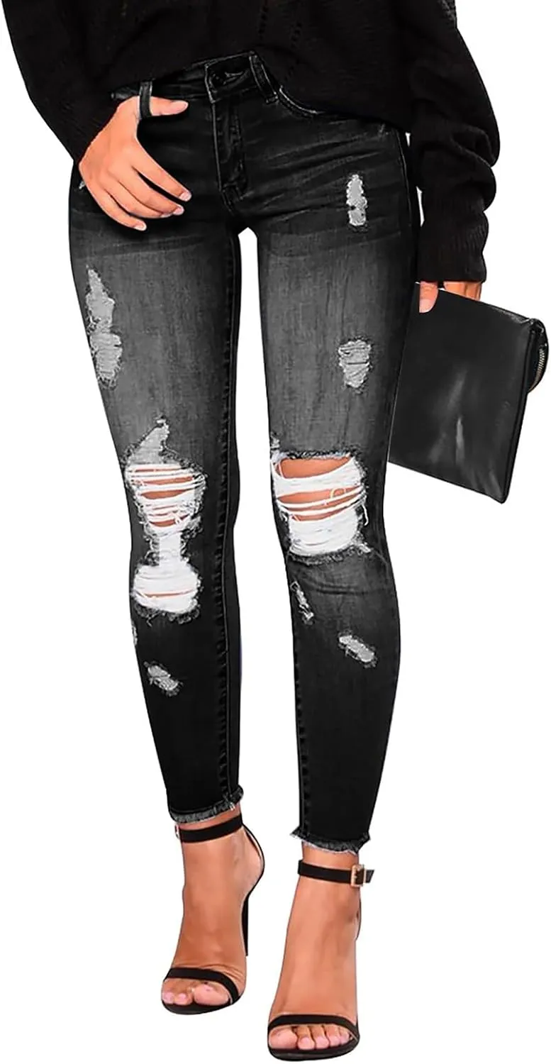 Skinny Jeans for Women Slim Fit Button Elastic Waist Ripped Jeans Business Casual Raw Hem Straight Leg Denim Jeans
