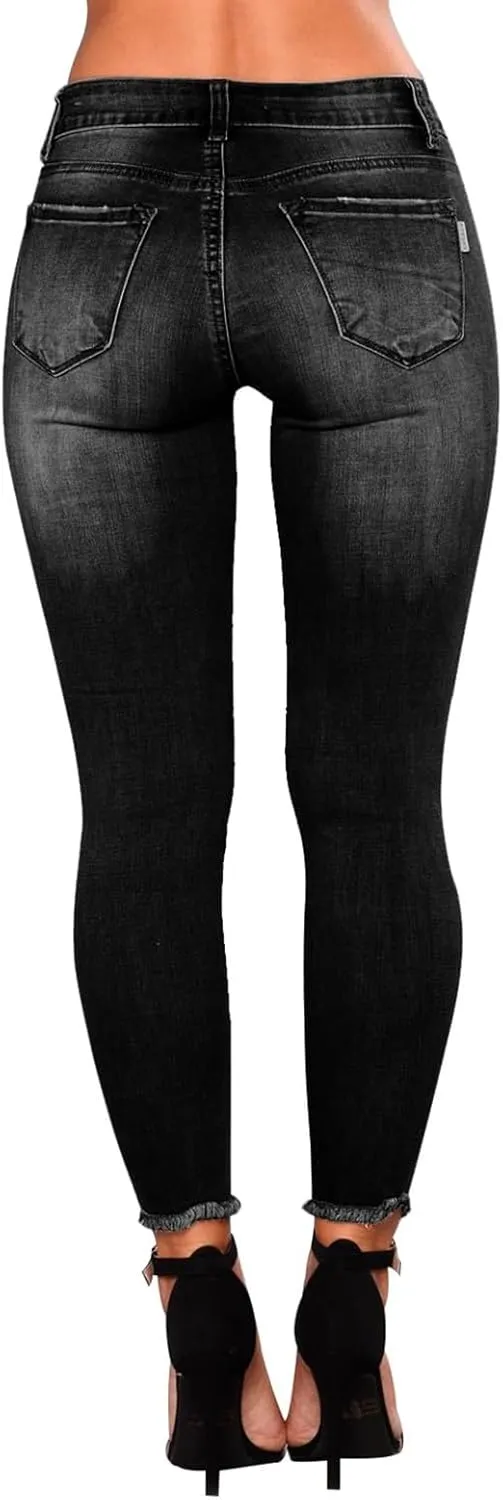Skinny Jeans for Women Slim Fit Button Elastic Waist Ripped Jeans Business Casual Raw Hem Straight Leg Denim Jeans