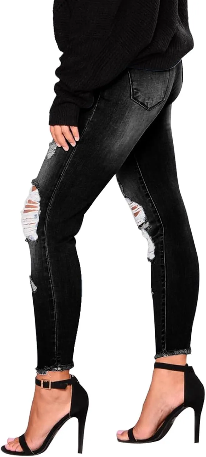 Skinny Jeans for Women Slim Fit Button Elastic Waist Ripped Jeans Business Casual Raw Hem Straight Leg Denim Jeans