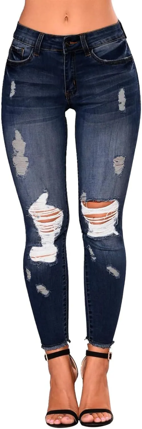 Skinny Jeans for Women Slim Fit Button Elastic Waist Ripped Jeans Business Casual Raw Hem Straight Leg Denim Jeans