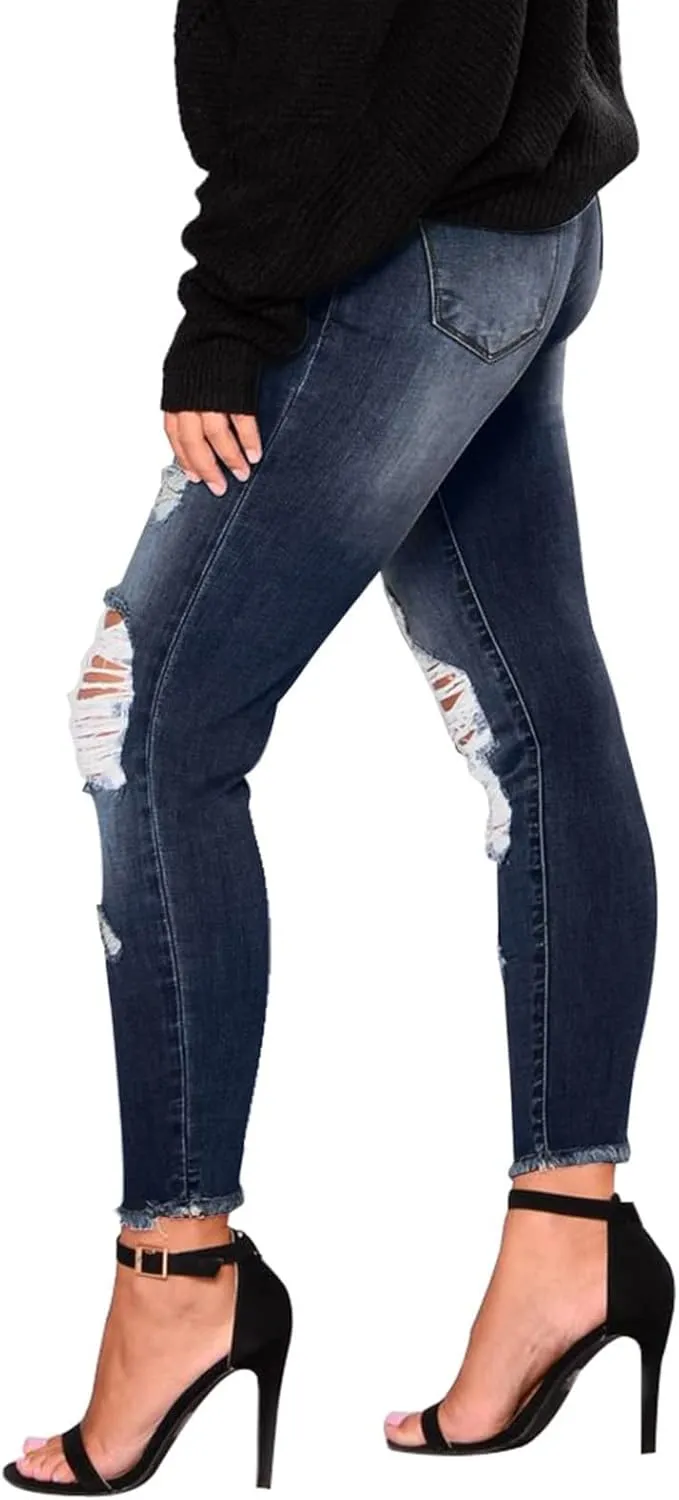 Skinny Jeans for Women Slim Fit Button Elastic Waist Ripped Jeans Business Casual Raw Hem Straight Leg Denim Jeans