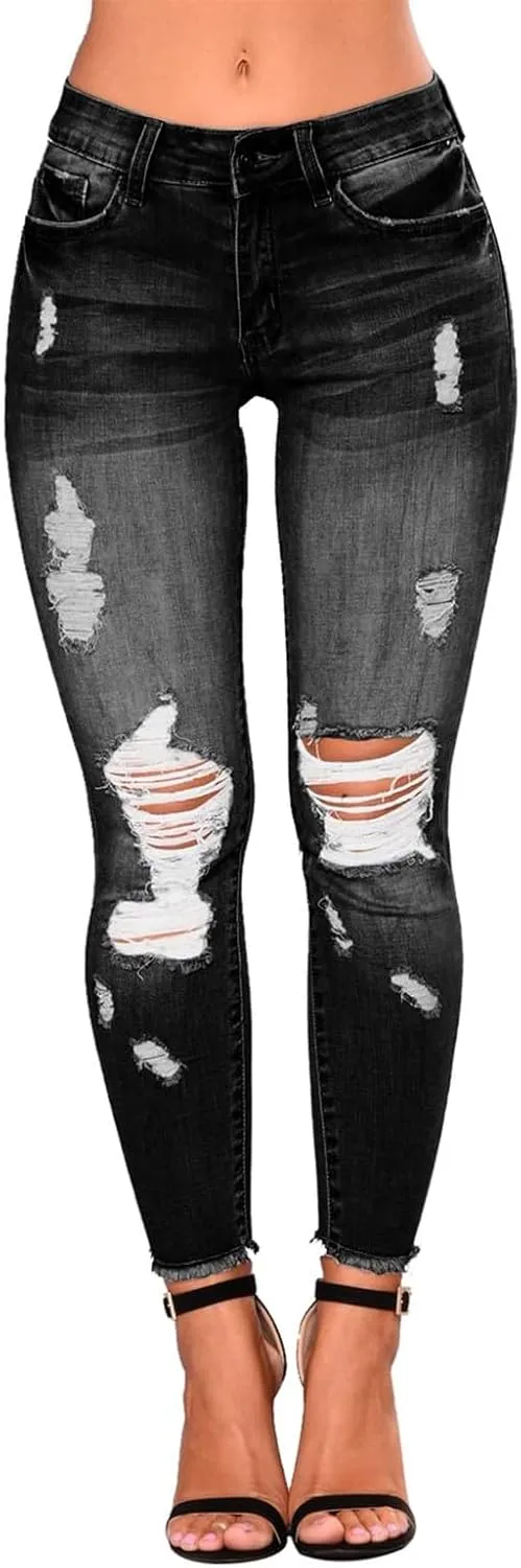Skinny Jeans for Women Slim Fit Button Elastic Waist Ripped Jeans Business Casual Raw Hem Straight Leg Denim Jeans