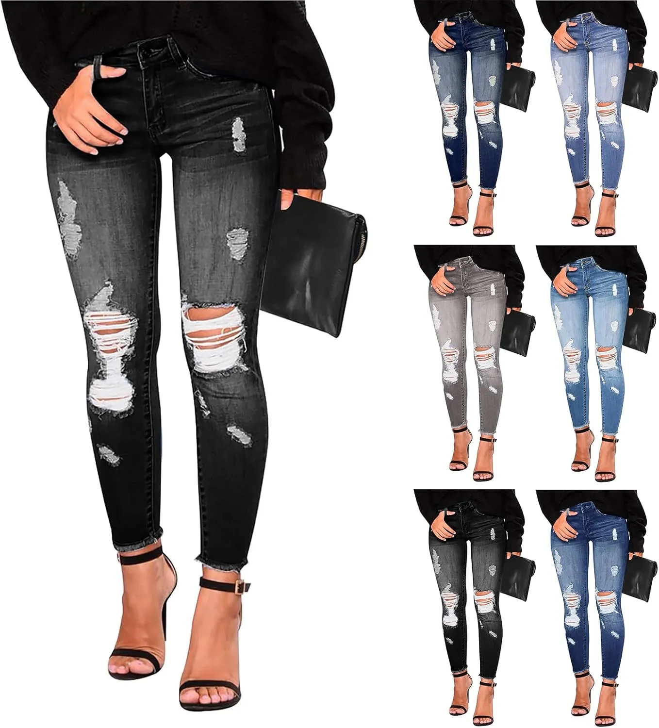 Skinny Jeans for Women Slim Fit Button Elastic Waist Ripped Jeans Business Casual Raw Hem Straight Leg Denim Jeans
