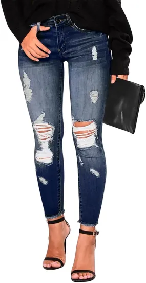 Skinny Jeans for Women Slim Fit Button Elastic Waist Ripped Jeans Business Casual Raw Hem Straight Leg Denim Jeans