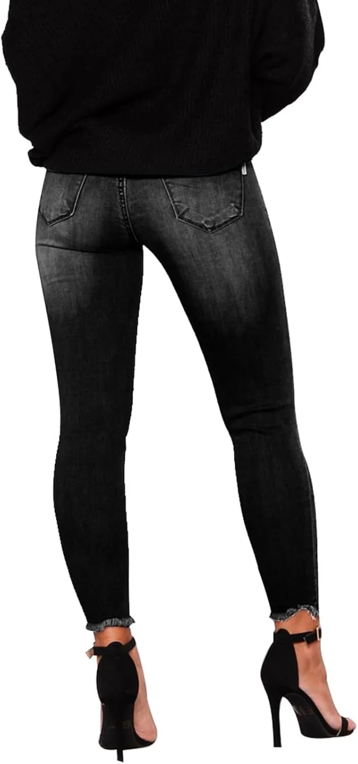 Skinny Jeans for Women Slim Fit Button Elastic Waist Ripped Jeans Business Casual Raw Hem Straight Leg Denim Jeans