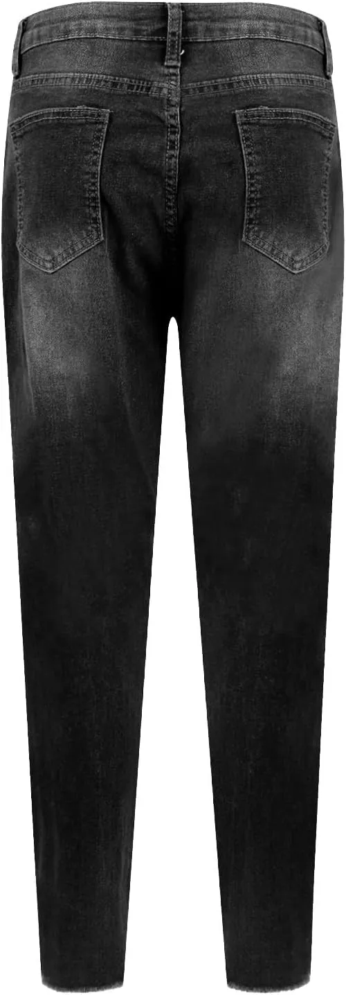 Skinny Jeans for Women Slim Fit Button Elastic Waist Ripped Jeans Business Casual Raw Hem Straight Leg Denim Jeans