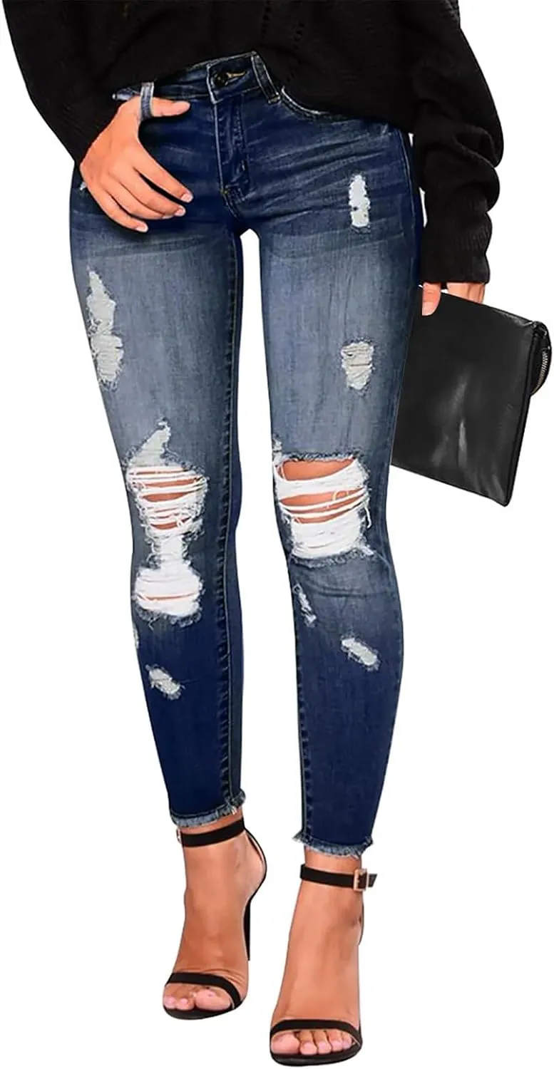 Skinny Jeans for Women Slim Fit Button Elastic Waist Ripped Jeans Business Casual Raw Hem Straight Leg Denim Jeans