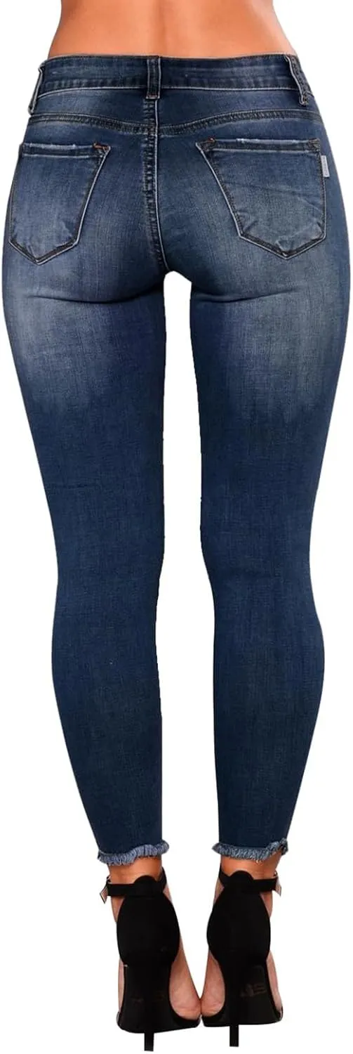 Skinny Jeans for Women Slim Fit Button Elastic Waist Ripped Jeans Business Casual Raw Hem Straight Leg Denim Jeans