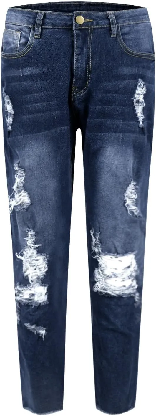Skinny Jeans for Women Slim Fit Button Elastic Waist Ripped Jeans Business Casual Raw Hem Straight Leg Denim Jeans