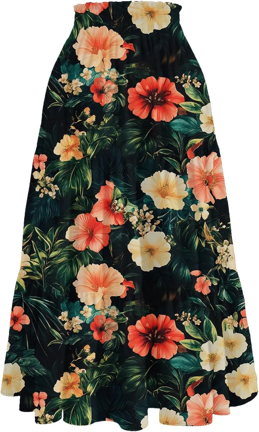 Skirts for Women Floral Trendy High Waisted Flowy Midi Skirt Boho Women's Belted Skirts