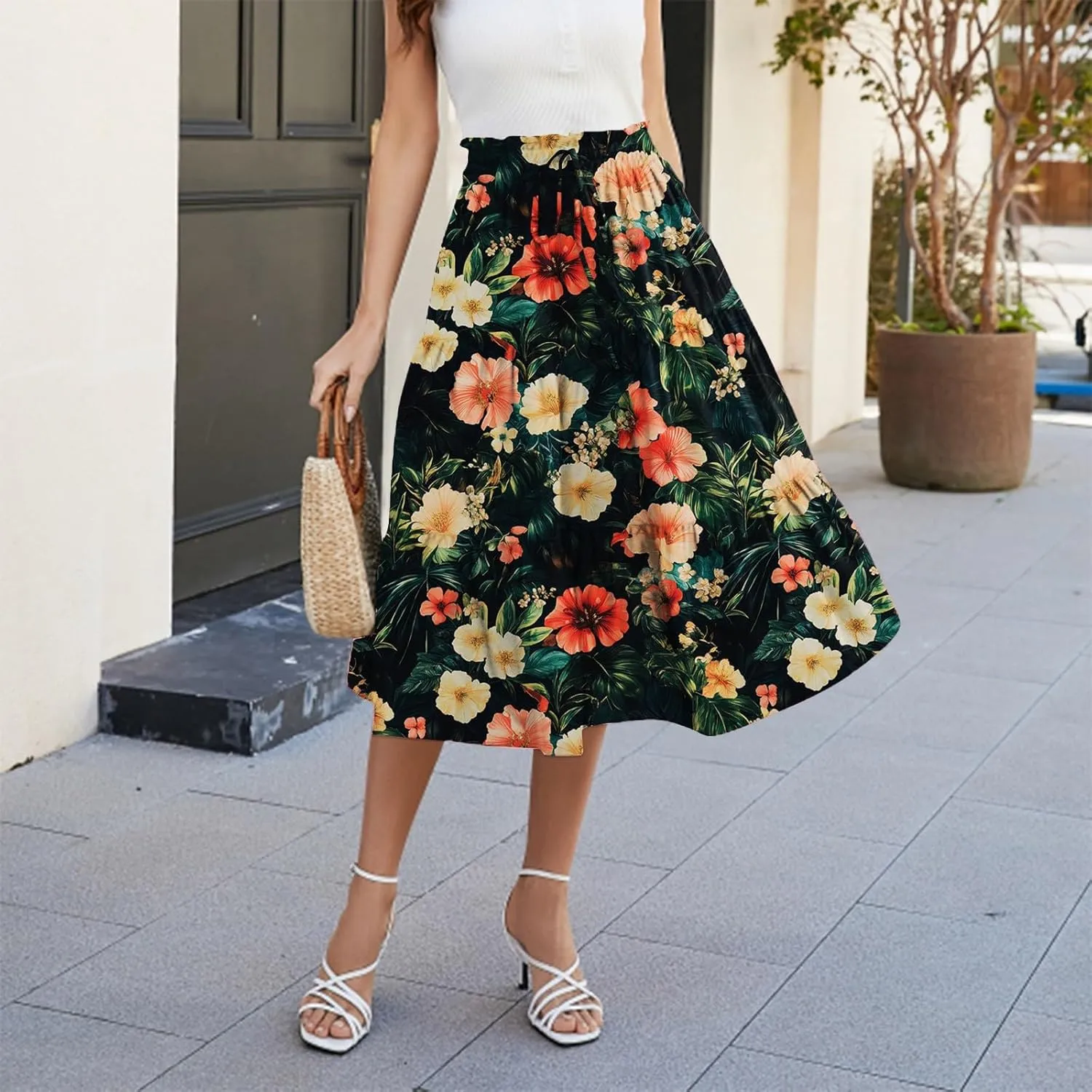Skirts for Women Floral Trendy High Waisted Flowy Midi Skirt Boho Women's Belted Skirts