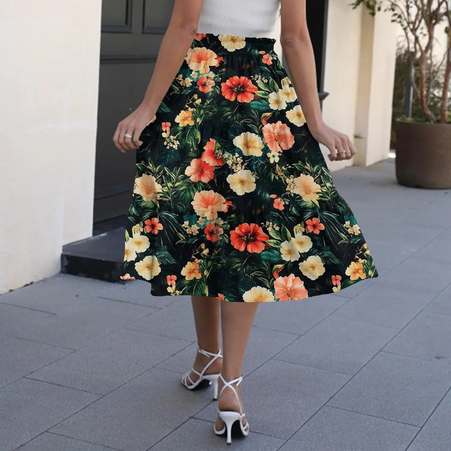 Skirts for Women Floral Trendy High Waisted Flowy Midi Skirt Boho Women's Belted Skirts
