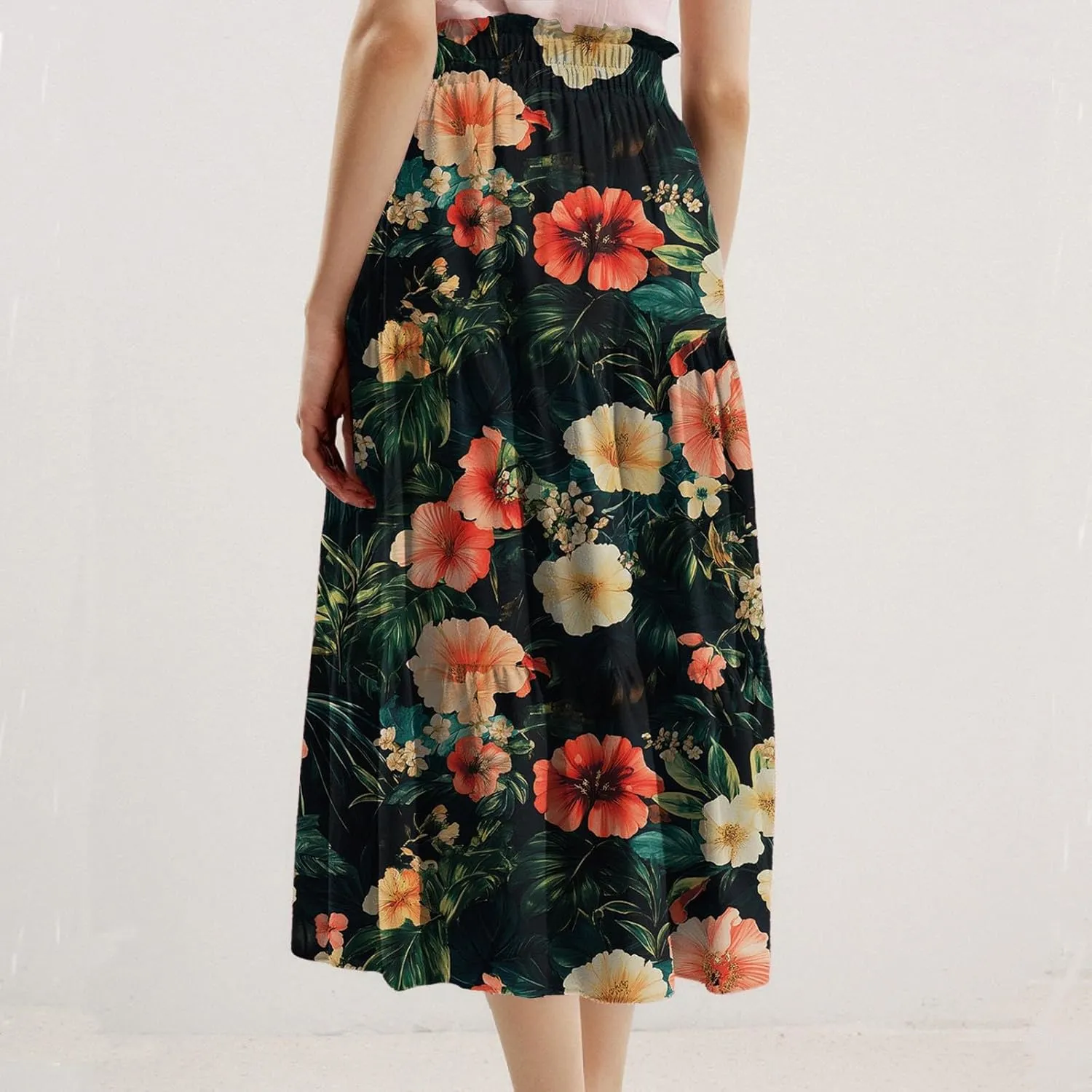 Skirts for Women Floral Trendy High Waisted Flowy Midi Skirt Boho Women's Belted Skirts