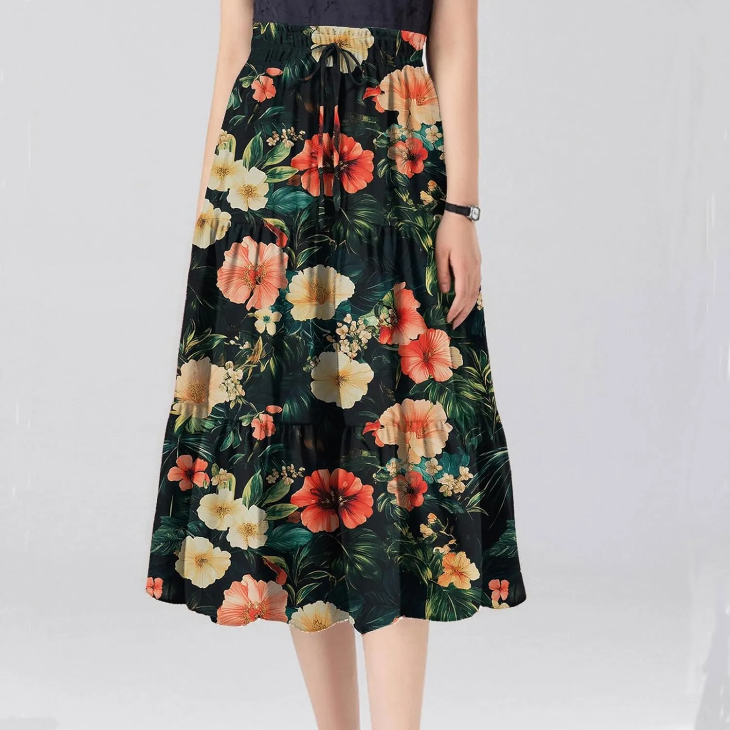 Skirts for Women Floral Trendy High Waisted Flowy Midi Skirt Boho Women's Belted Skirts