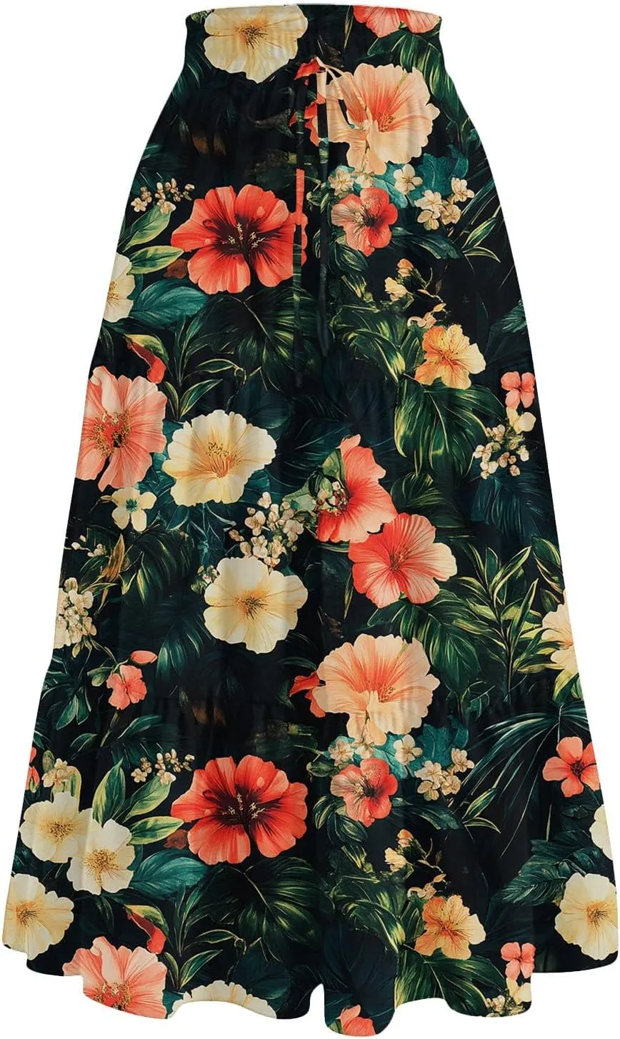 Skirts for Women Floral Trendy High Waisted Flowy Midi Skirt Boho Women's Belted Skirts