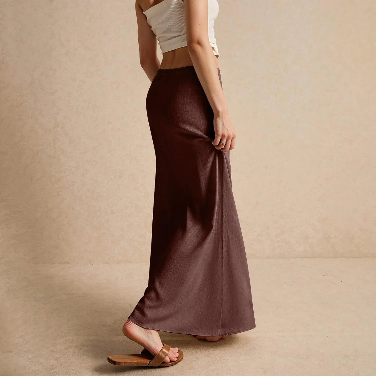 Skirts for Women Trendy Plus Size Long Flowy Skirts Summer Womens Linen Maxi Skirt with Slit Drawstring Low Rise