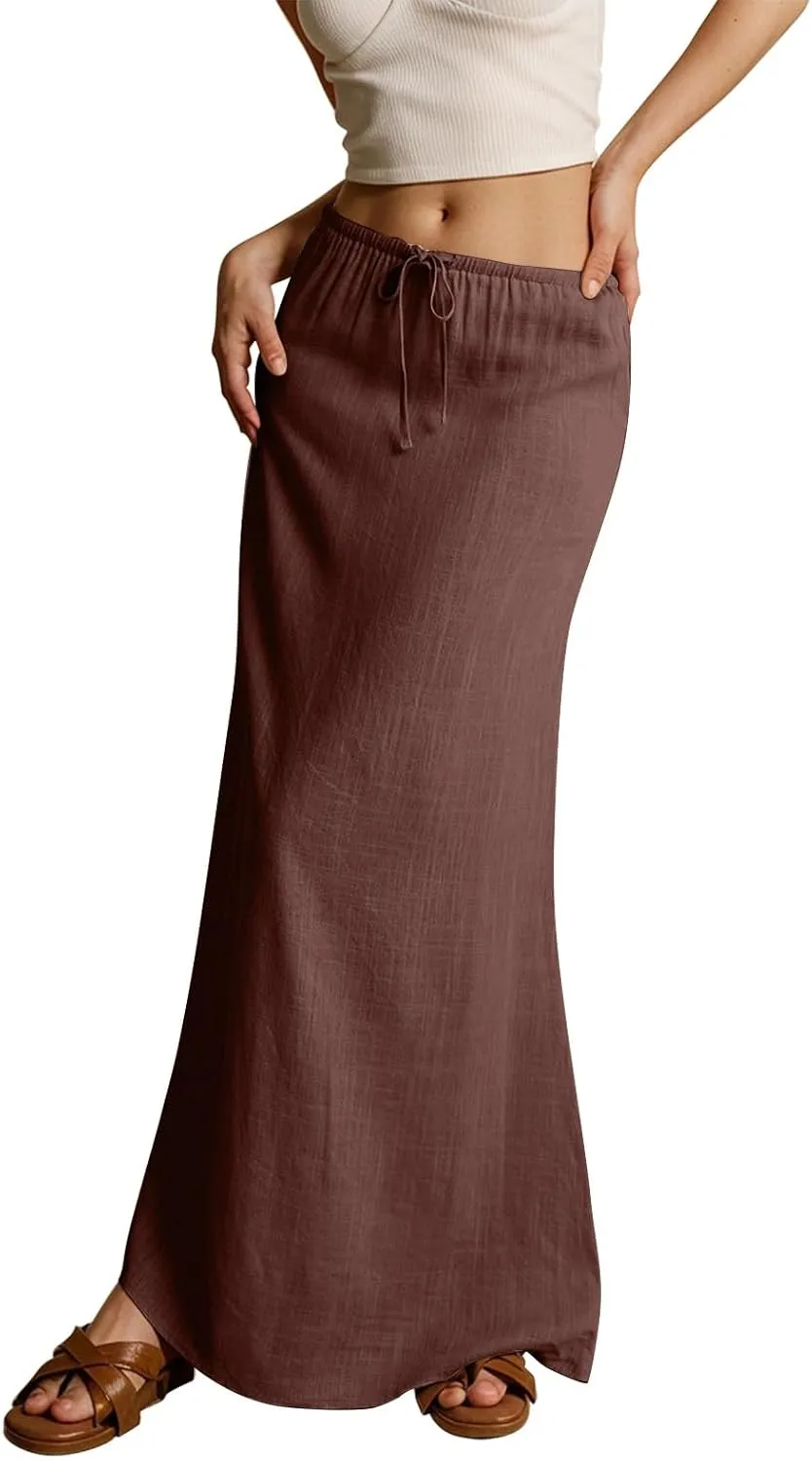 Skirts for Women Trendy Plus Size Long Flowy Skirts Summer Womens Linen Maxi Skirt with Slit Drawstring Low Rise