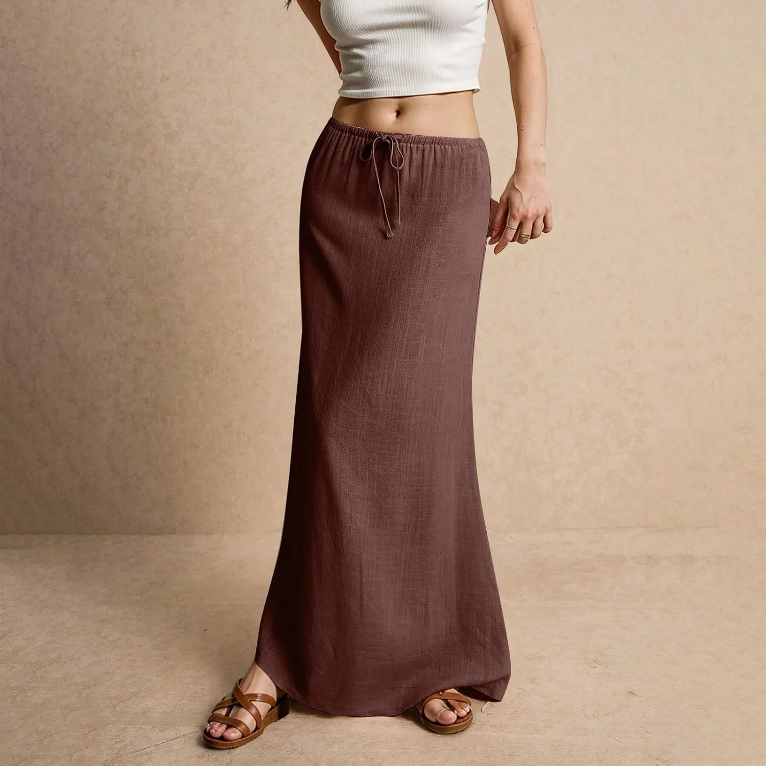 Skirts for Women Trendy Plus Size Long Flowy Skirts Summer Womens Linen Maxi Skirt with Slit Drawstring Low Rise