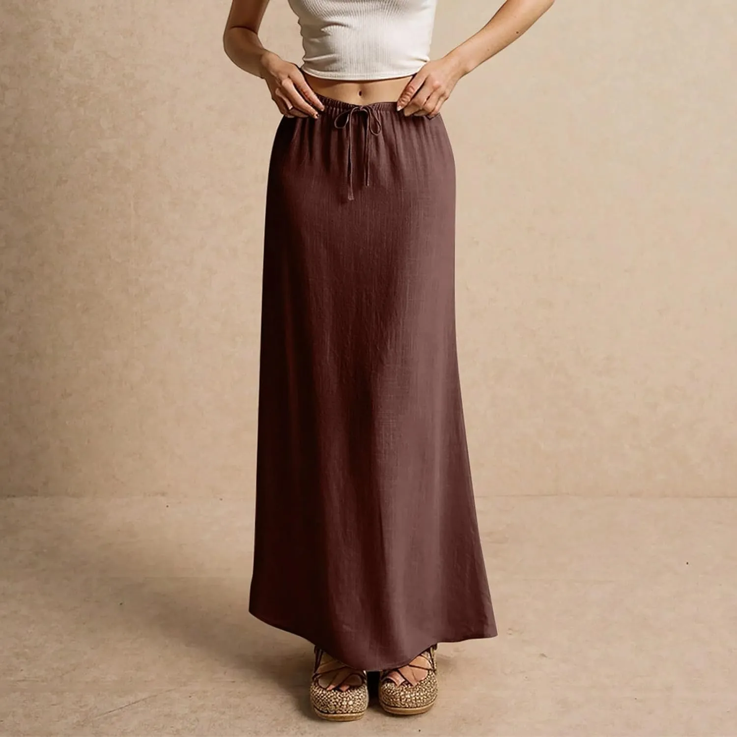 Skirts for Women Trendy Plus Size Long Flowy Skirts Summer Womens Linen Maxi Skirt with Slit Drawstring Low Rise
