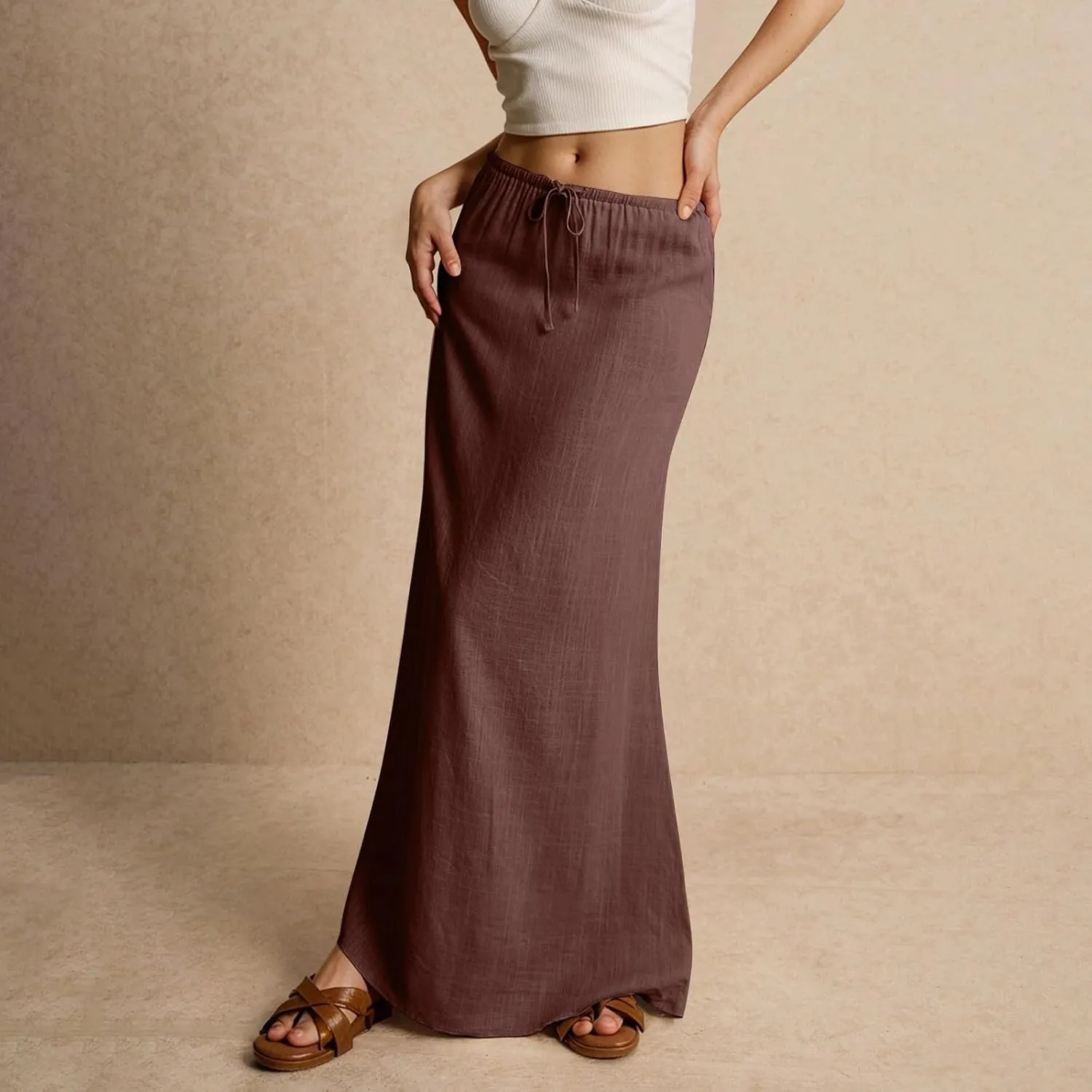 Skirts for Women Trendy Plus Size Long Flowy Skirts Summer Womens Linen Maxi Skirt with Slit Drawstring Low Rise