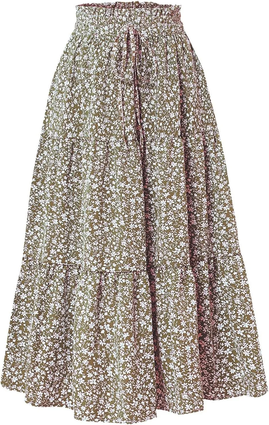 Summer Casual Boho Maxi Skirts Women Floral Print Elastic High Waist Tiered Ruffle Flowy Long Beach A Line Skirt