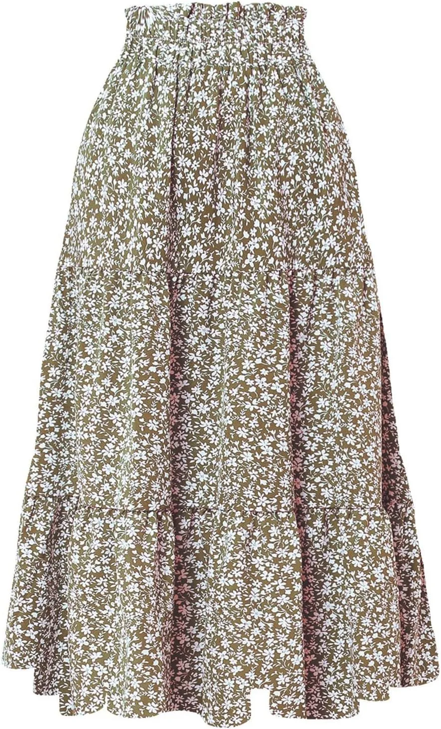 Summer Casual Boho Maxi Skirts Women Floral Print Elastic High Waist Tiered Ruffle Flowy Long Beach A Line Skirt