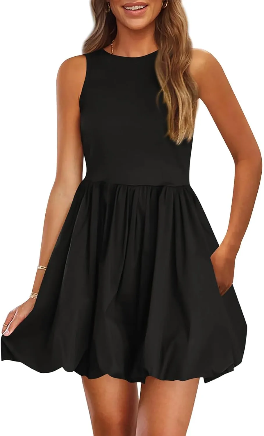 Summer Mini Dress for Women Casal Crew Neck Sleeveless Tank Dresses Trendy Back Zip Up Solid Ruffle Hem Sundress