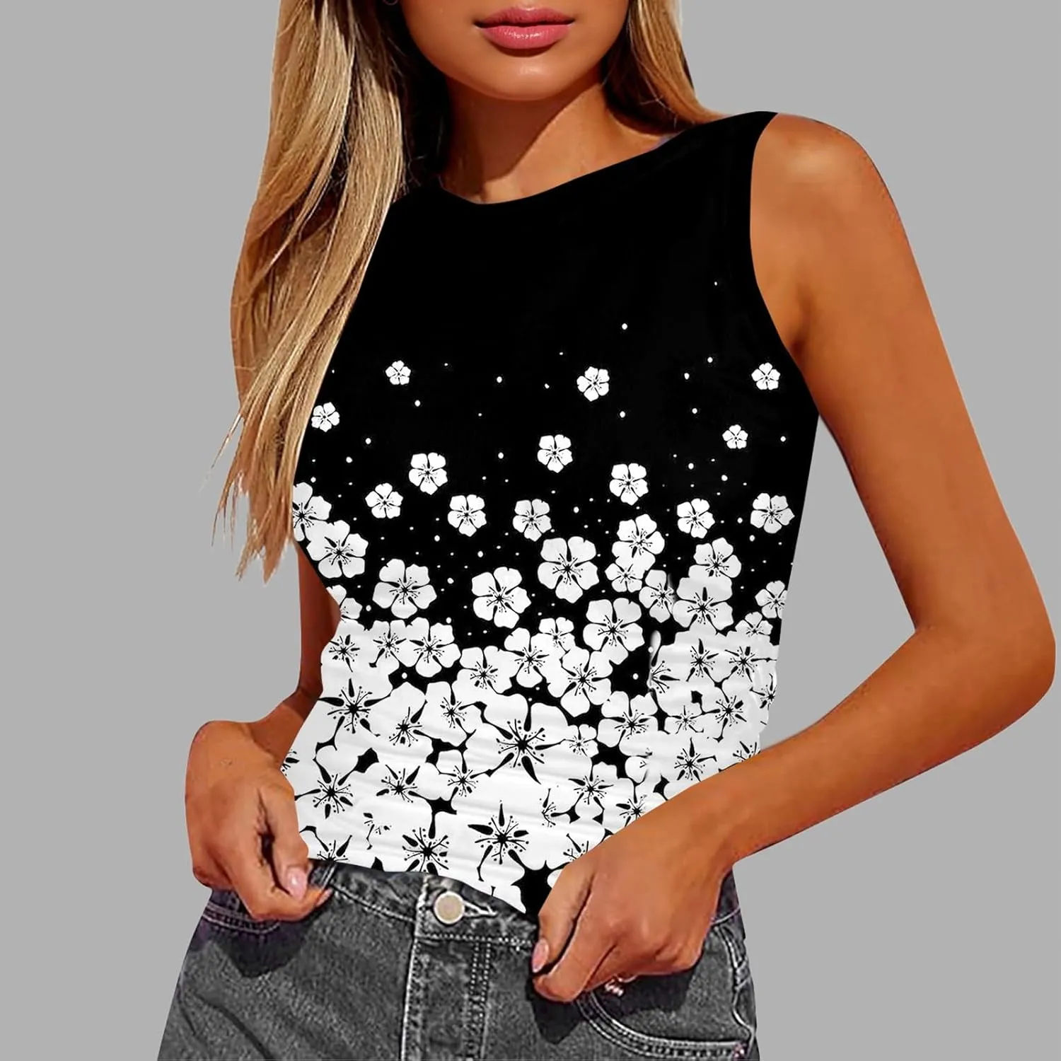 Tank Tops for Women 2025 Summer Slim Crew Neck Sleeveless Camisole Floral Hawaiian Beach Outfit