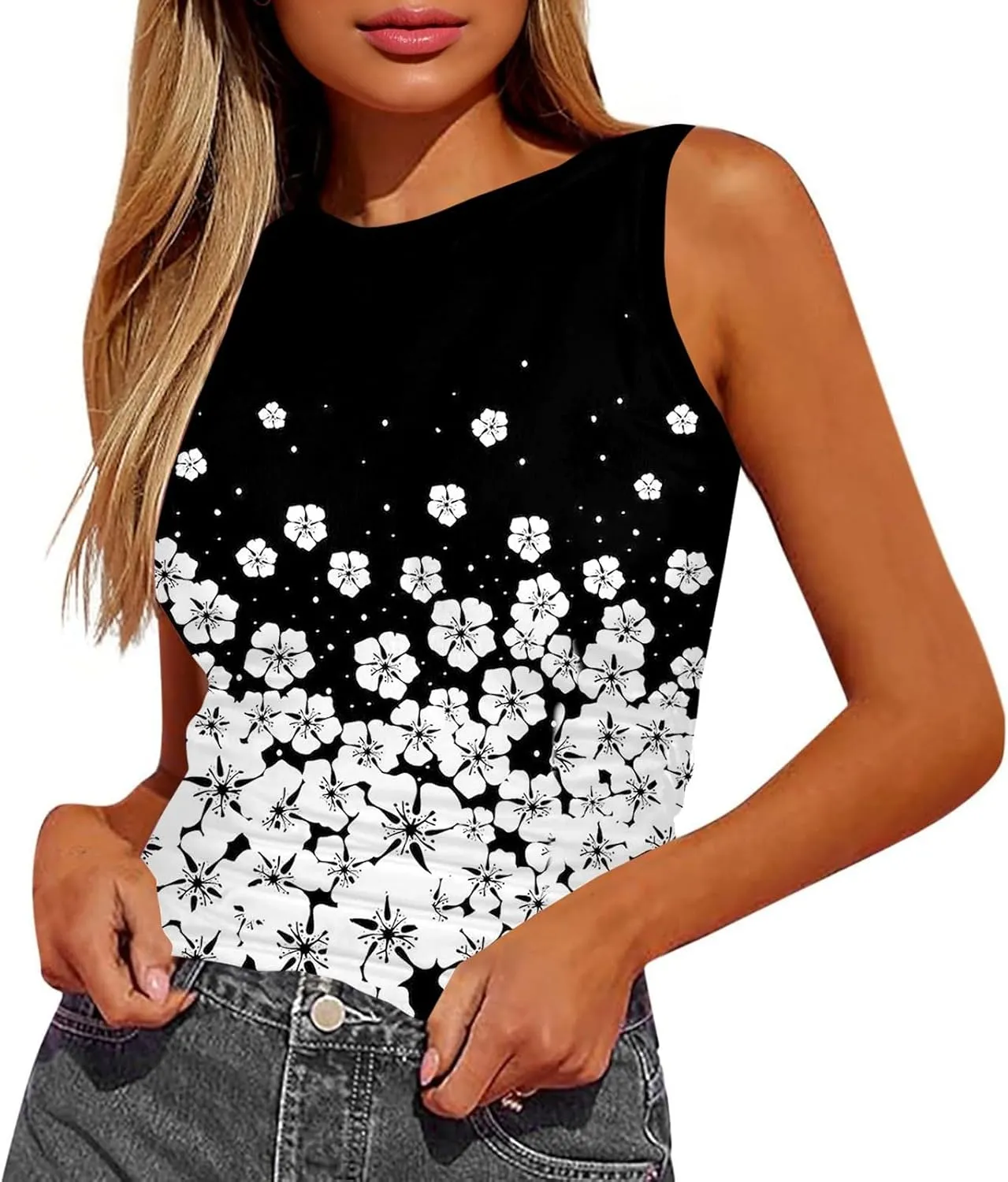 Tank Tops for Women 2025 Summer Slim Crew Neck Sleeveless Camisole Floral Hawaiian Beach Outfit