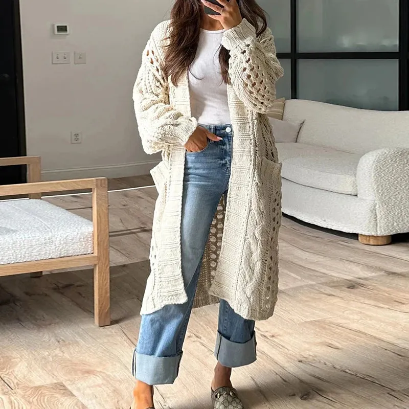 UAKISS  -  Long Sleeve Loungewear Cardigan Coats Fashion Solid V-Neck Straight Autumn Winter Women Sweaters Loose Streetwear Dropshipping