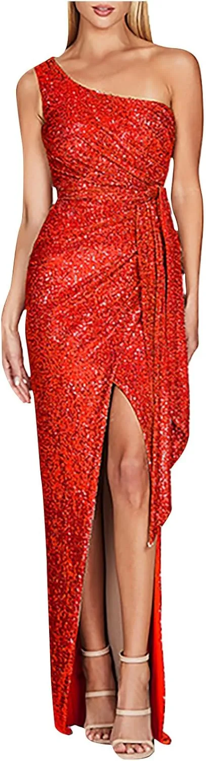 Uillui Women's Elegant Ruched Sequin Gowns Sexy One Shoulder Split Bodycon Maxi Formal Dress Glitter Sparkle Evening Dresses