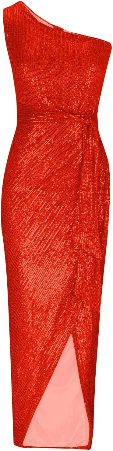Uillui Women's Elegant Ruched Sequin Gowns Sexy One Shoulder Split Bodycon Maxi Formal Dress Glitter Sparkle Evening Dresses