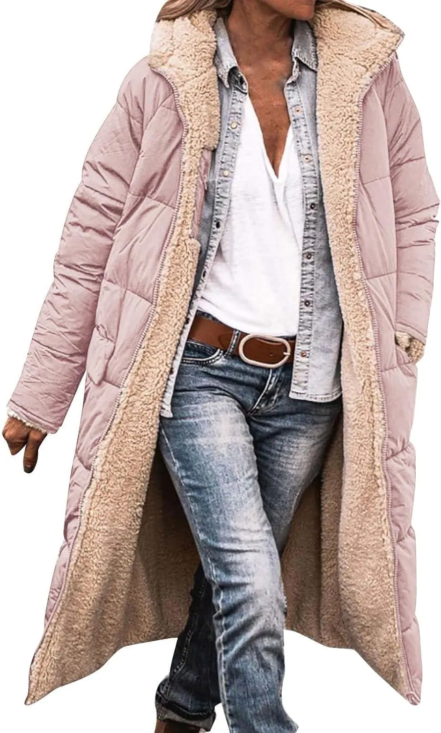Winter Fleece Jacket for Women Faux Fur Removable Hood Puffer Parka Jacket Winter Long Thick Coats