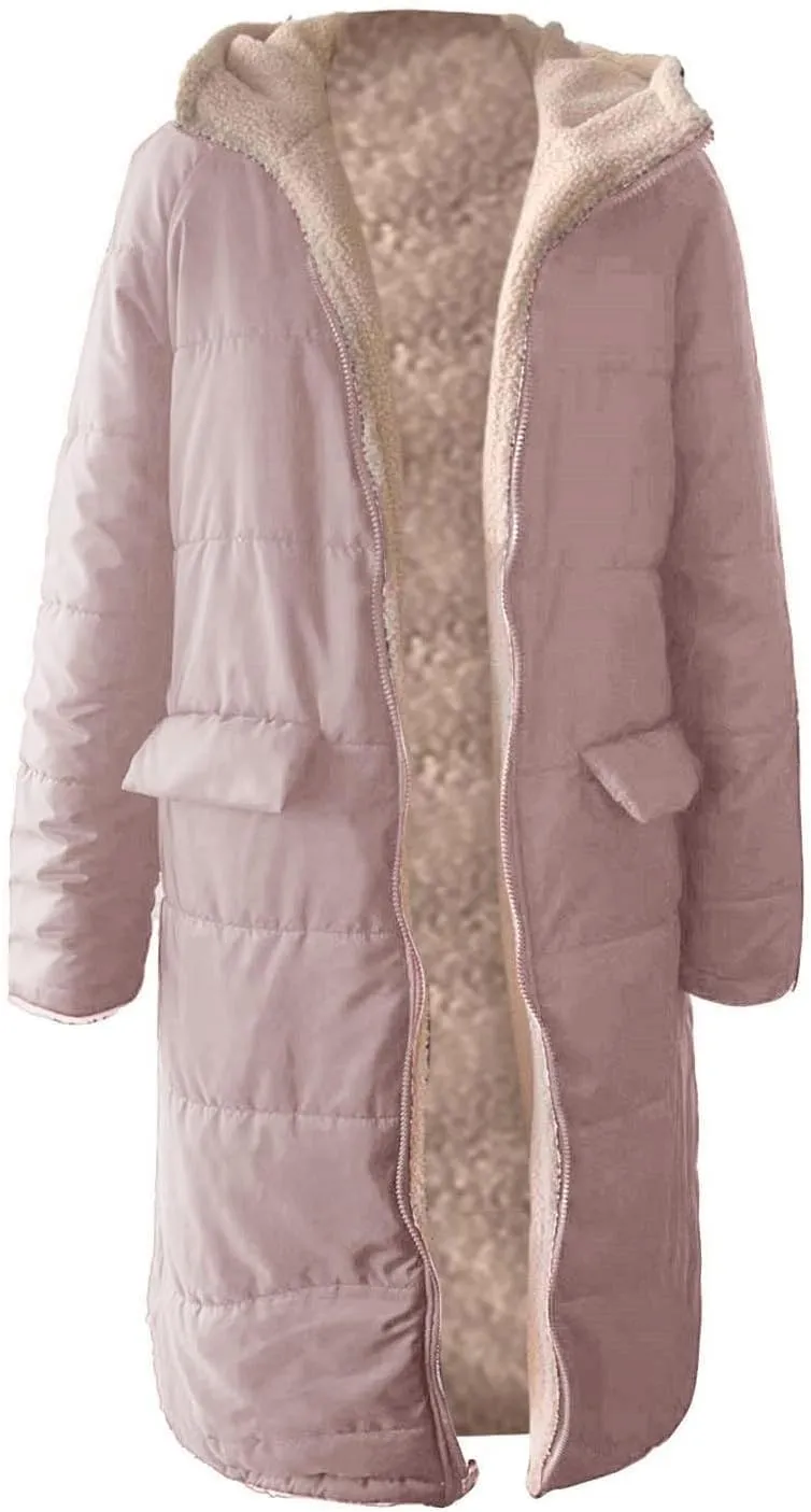 Winter Fleece Jacket for Women Faux Fur Removable Hood Puffer Parka Jacket Winter Long Thick Coats