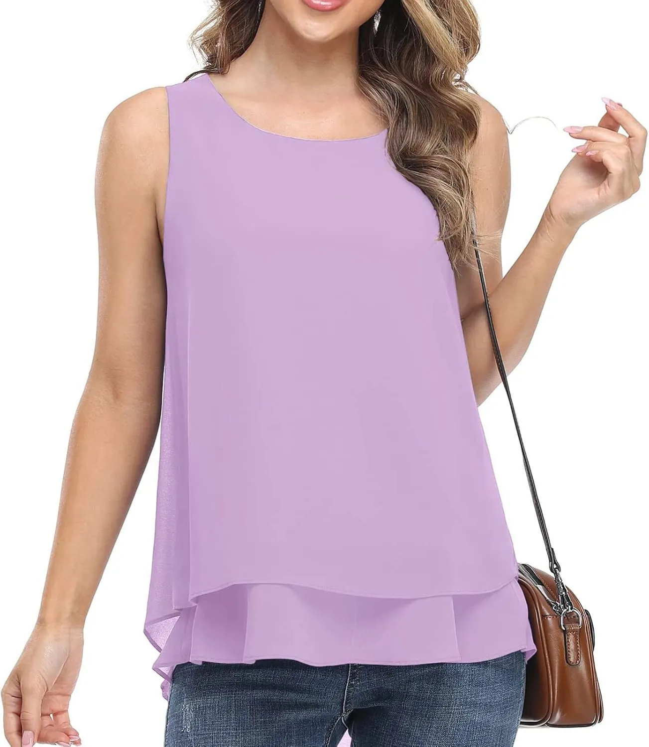 Women Chiffon Tunic Tank Tops Summer Flowy Double Layer Hem Casual Blouse Sleeveless Crewneck Cozy Lightweight Shirt