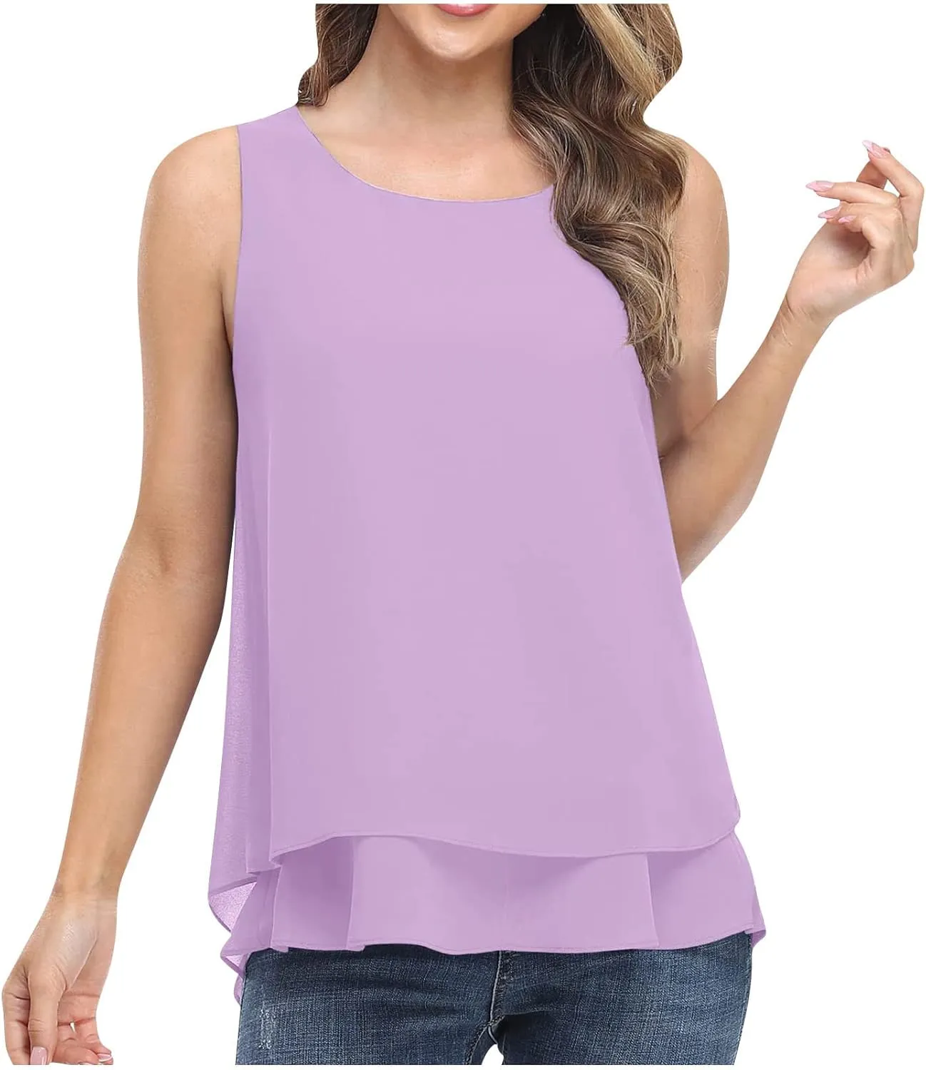 Women Chiffon Tunic Tank Tops Summer Flowy Double Layer Hem Casual Blouse Sleeveless Crewneck Cozy Lightweight Shirt