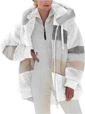 Women Faux Fur Zip Up Hoodies Sherpa Lined Winter Jackets Warm Plush Coat Oversized Fleece Warm Hoodie Outwear