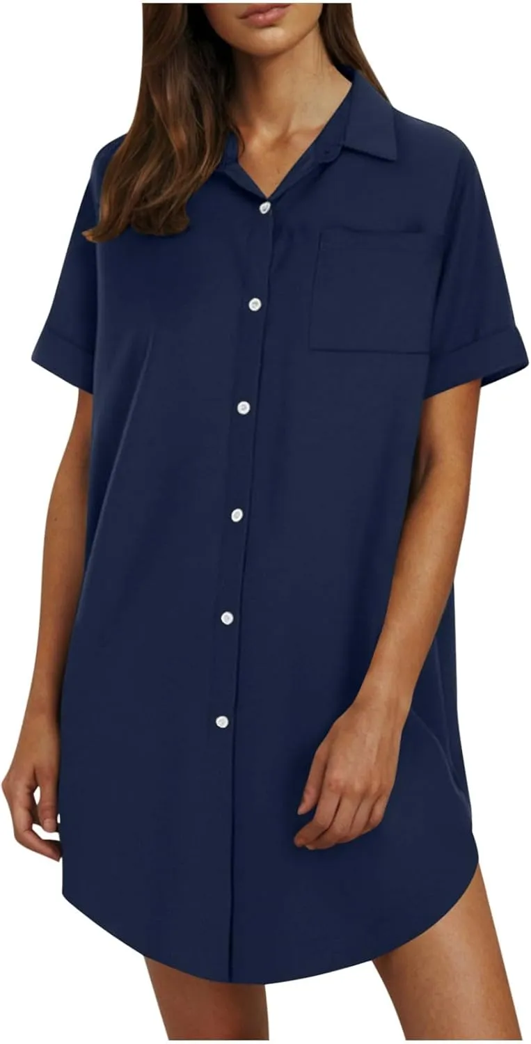 Women Summer Dress Cotton Linen Shirt Dresses Button Down Tunic Beach Cover Up Sundress Solid Lapel Baggy Dresses
