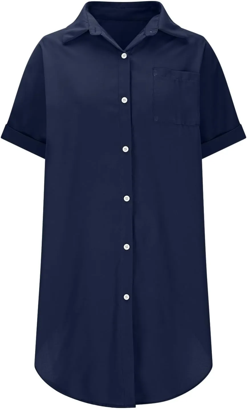 Women Summer Dress Cotton Linen Shirt Dresses Button Down Tunic Beach Cover Up Sundress Solid Lapel Baggy Dresses