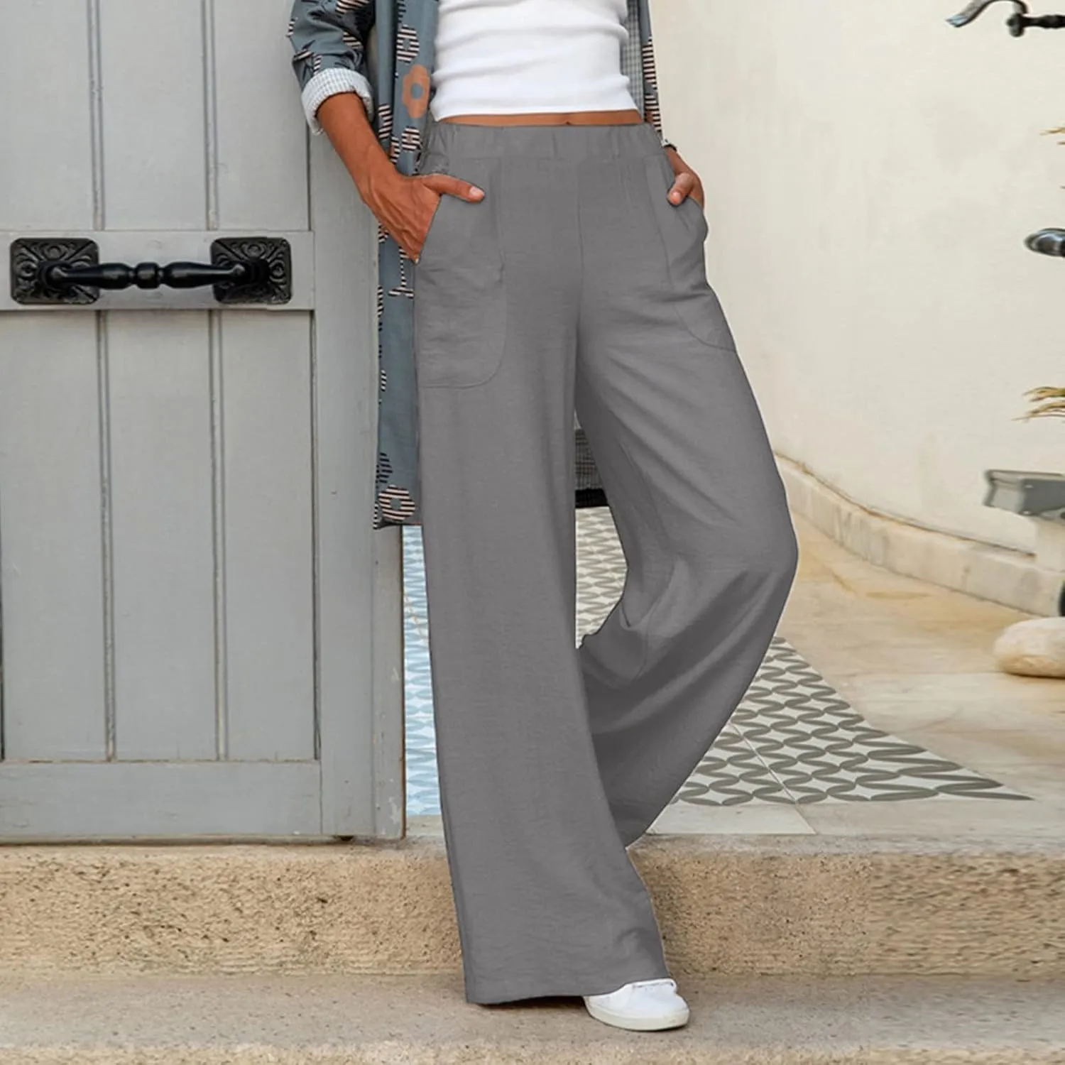 Womens Casual Solid High Waisted Loose Wide Leg Cozy Lightweight Casual Pants Comfy Straight Leg Trousers Pants With Pockets