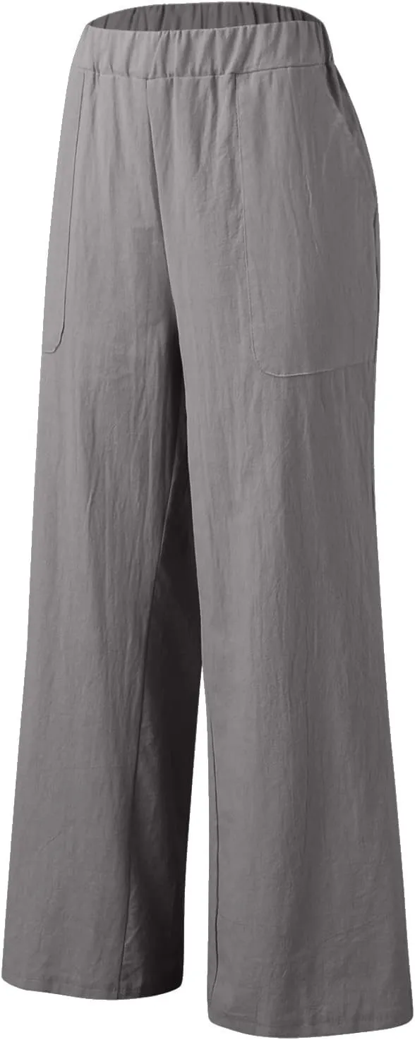 Womens Casual Solid High Waisted Loose Wide Leg Cozy Lightweight Casual Pants Comfy Straight Leg Trousers Pants With Pockets