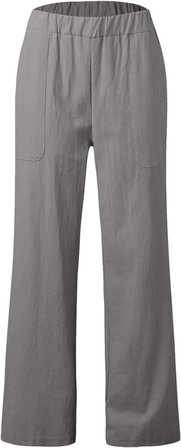 Womens Casual Solid High Waisted Loose Wide Leg Cozy Lightweight Casual Pants Comfy Straight Leg Trousers Pants With Pockets