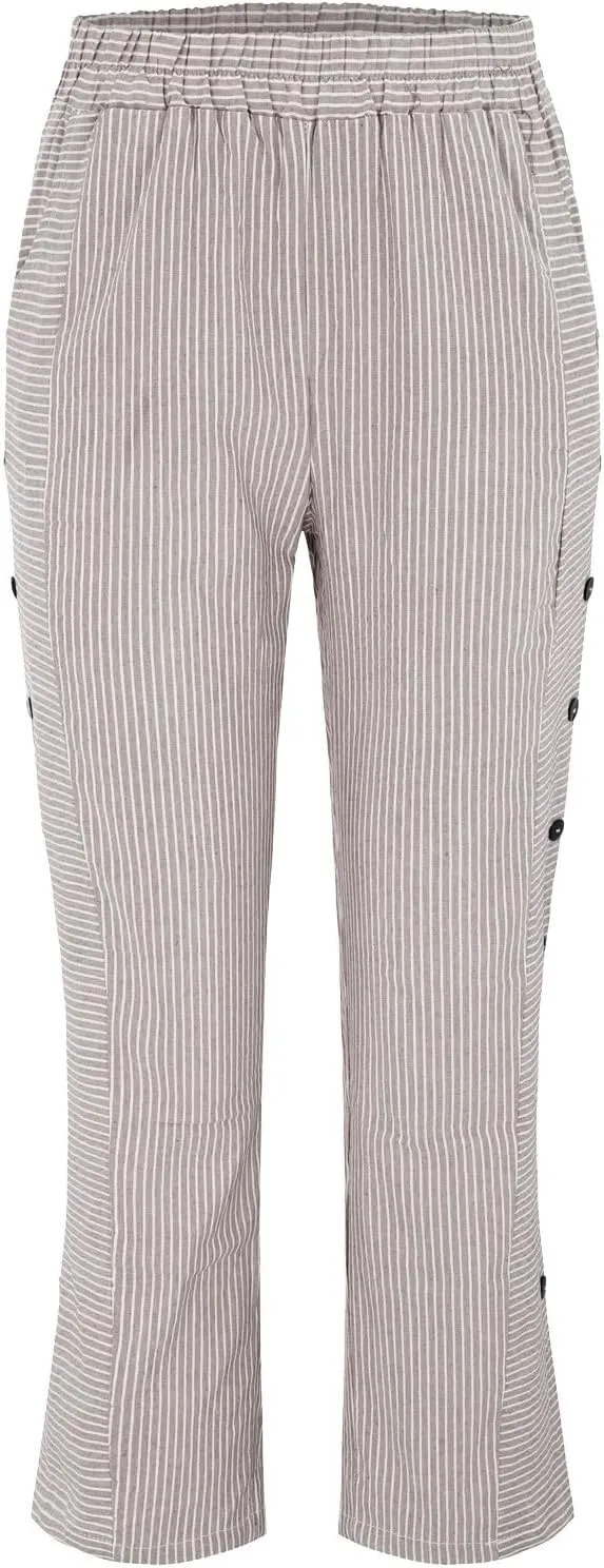 Women's Cotton Linen Pant Stripe Side Button Elastic Waist Straight Leg Trousers Summer Loose Capri Pants with Pocket