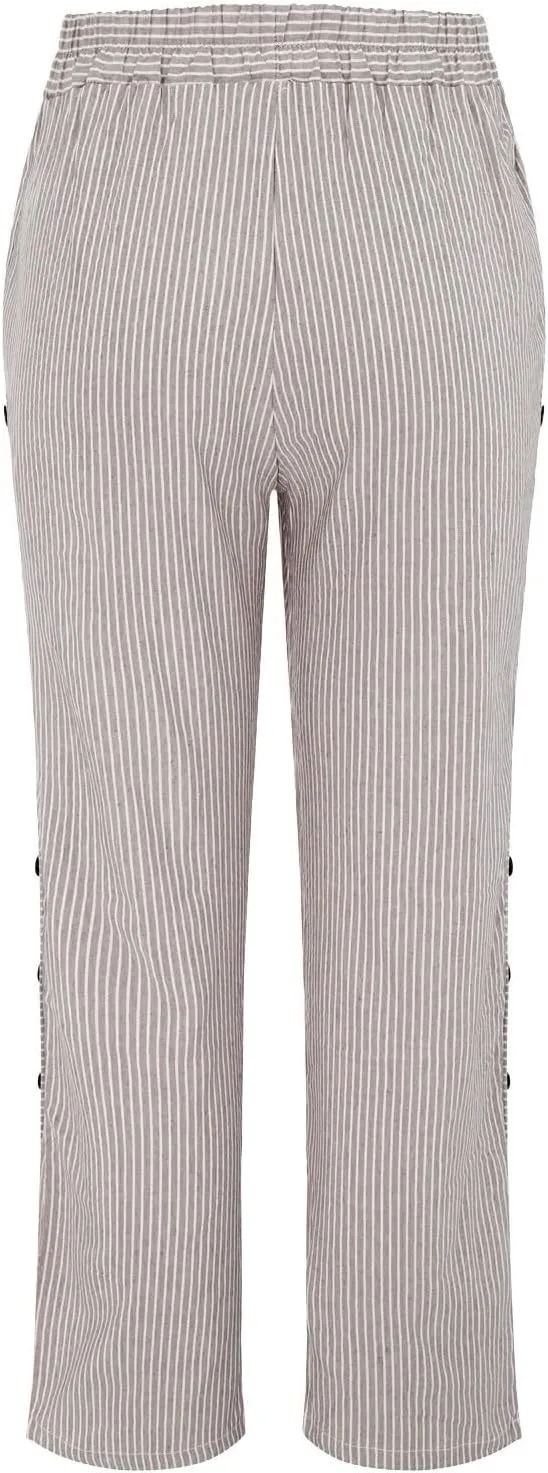Women's Cotton Linen Pant Stripe Side Button Elastic Waist Straight Leg Trousers Summer Loose Capri Pants with Pocket