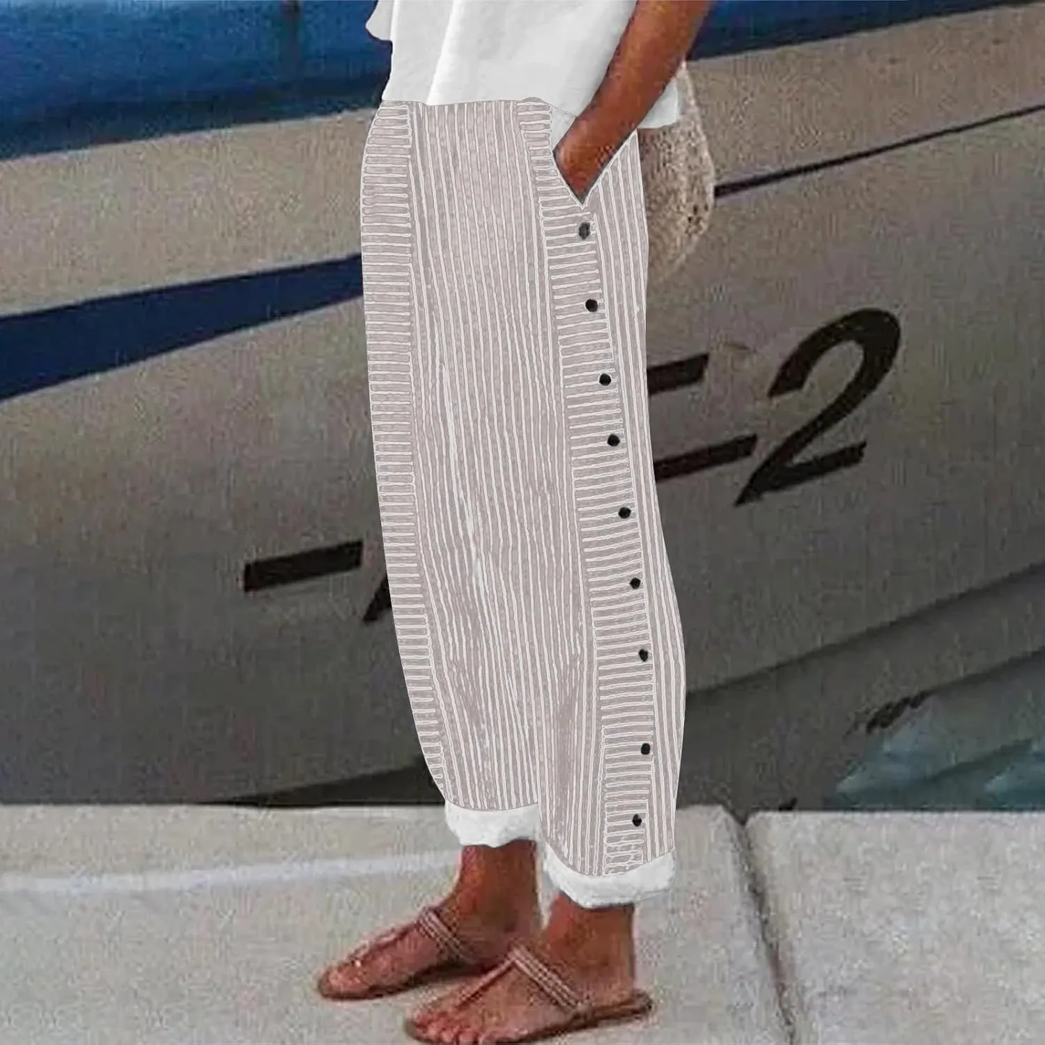 Women's Cotton Linen Pant Stripe Side Button Elastic Waist Straight Leg Trousers Summer Loose Capri Pants with Pocket