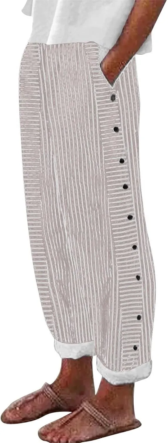 Women's Cotton Linen Pant Stripe Side Button Elastic Waist Straight Leg Trousers Summer Loose Capri Pants with Pocket