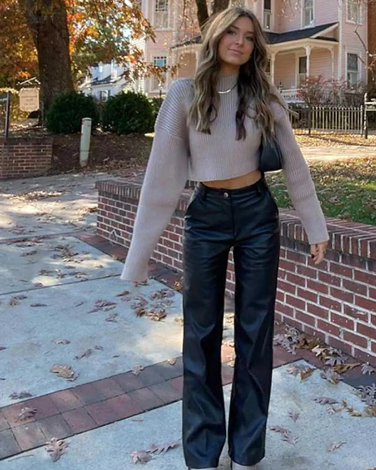 Women's Faux Leather Pants Button PU Jeans Straight Wide Leg Trousers with Pockets